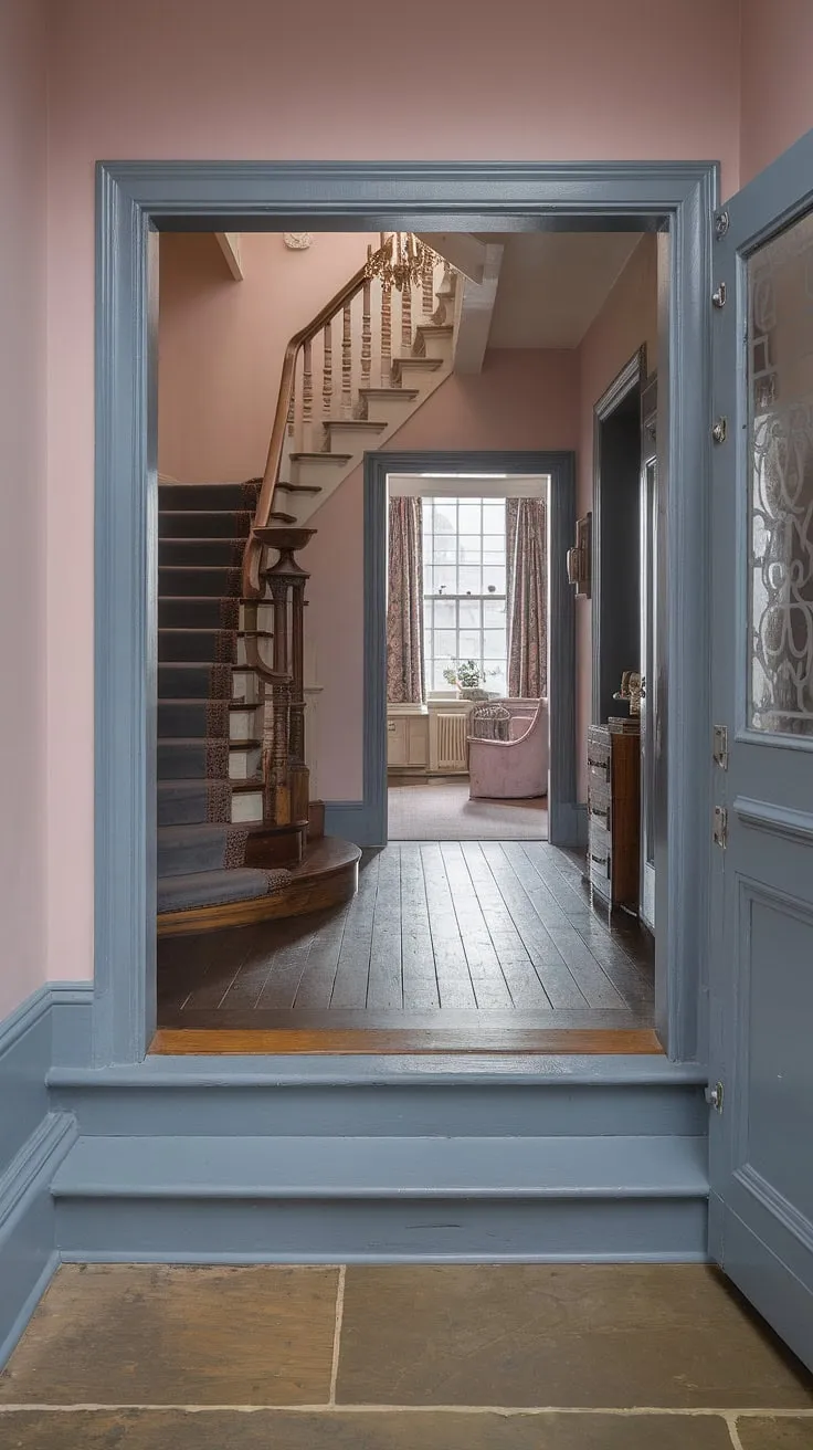 A captivating grey hallway, where a wooden floor yields to stone, marks the elegant entrance to this Victorian terraced house. The soft pink walls whisper tales of Victorian parlors, a four-poster bedroom, and ornate entrance halls beyond.