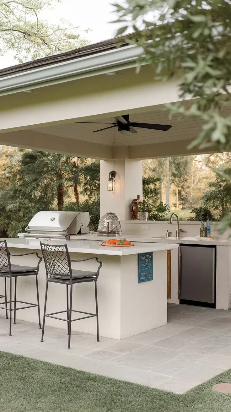 Imagine evenings spent grilling and laughing with loved ones under the stars in this idyllic covered outdoor kitchen design.  The outdoor island kitchen, featuring an outdoor grill island and a convenient sink, is the heart of this outdoor living space.  This outdoor island bar offers the perfect spot to relax and enjoy the company of friends, while the lush backdrop enhances the tranquil atmosphere.  This outdoor kitchen with island is the epitome of outdoor bbq island ideas, creating a seamless blend of style and functionality.