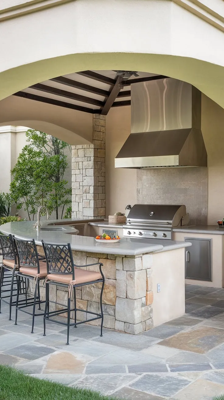 Imagine yourself hosting unforgettable gatherings in this breathtaking outdoor kitchen with island.  The expansive outdoor island kitchen, featuring a stone countertop and metal hood, seamlessly blends indoor luxury with outdoor living. This outdoor island bar is the heart of this covered outdoor kitchen design, providing ample space for both cooking and socializing.  Explore endless outdoor bbq island ideas with this dream terrace kitchen.