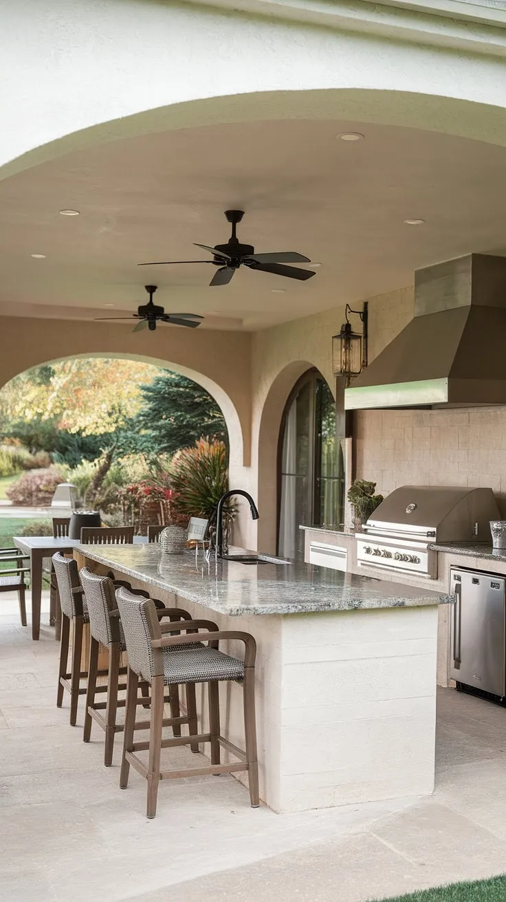 Escape to your own private paradise with this stunning covered terrace kitchen.  The outdoor island bar, complete with granite countertops, a sink, stove, and refrigerator, is perfect for entertaining.  This outdoor island kitchen design seamlessly blends indoor luxury with the beauty of your lush garden, offering the ultimate in outdoor bbq island ideas.  Enjoy al fresco dining at its finest.
