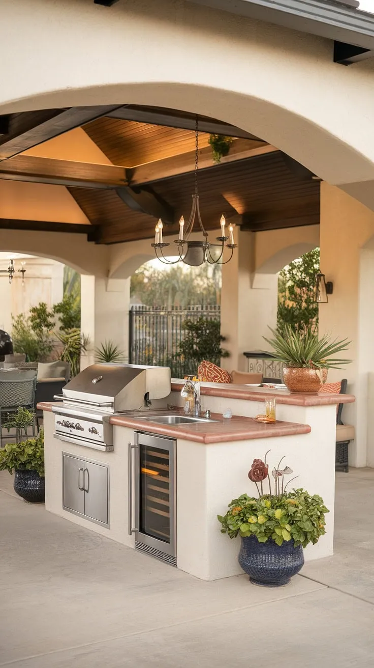 Imagine evenings spent entertaining under the stars in this inviting outdoor island kitchen.  The covered outdoor kitchen design provides both shelter and ambiance, while the outdoor island bar, featuring a built-in grill and sink, makes hosting a breeze. This outdoor grill island is the ultimate centerpiece, offering endless outdoor bbq island ideas for creating unforgettable memories.