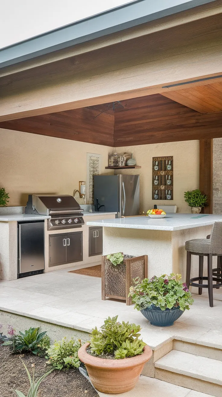 Imagine warm evenings spent cooking and laughing around this outdoor island kitchen.  The covered outdoor kitchen design provides the perfect blend of comfort and style, while the outdoor island bar offers ample space for guests.  This outdoor grill island is the heart of this terrace kitchen, bringing the best outdoor bbq island ideas to life.