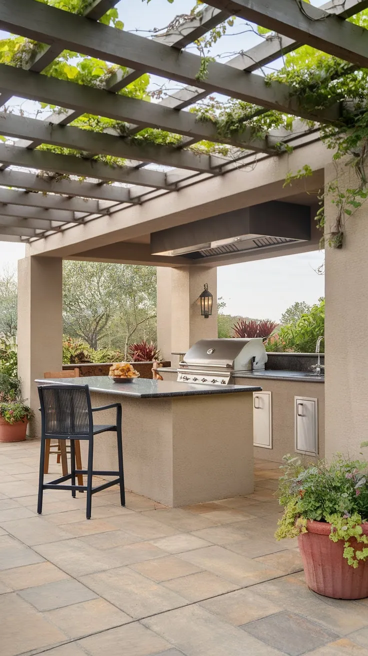 Escape to your own private oasis with this stunning covered terrace kitchen.  The outdoor kitchen with island, complete with a built-in grill and sink, is the perfect spot for al fresco dining and entertaining.  This outdoor island bar offers a relaxed setting, while the thoughtful covered outdoor kitchen design ensures comfort in any weather.  Get inspired by these outdoor bbq island ideas and create your dream outdoor grill island.