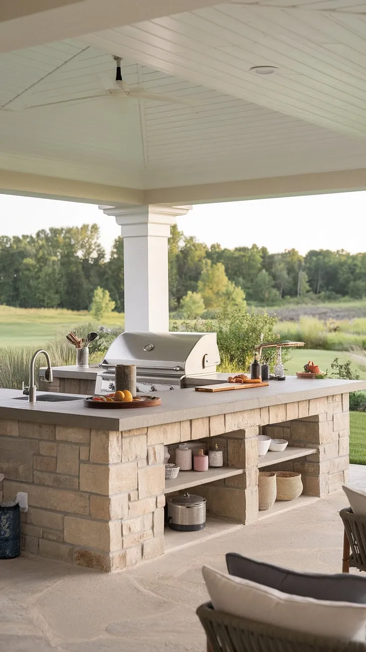 Imagine yourself crafting delicious meals in this dream outdoor island kitchen.  The covered outdoor kitchen design offers both style and practicality, featuring an outdoor island bar with a stone countertop, sink, and built-in grill.  This outdoor grill island is the heart of this outdoor island kitchen, perfect for hosting unforgettable gatherings.  Relax and enjoy the lush greenery from the comfort of the nearby wooden chairs.