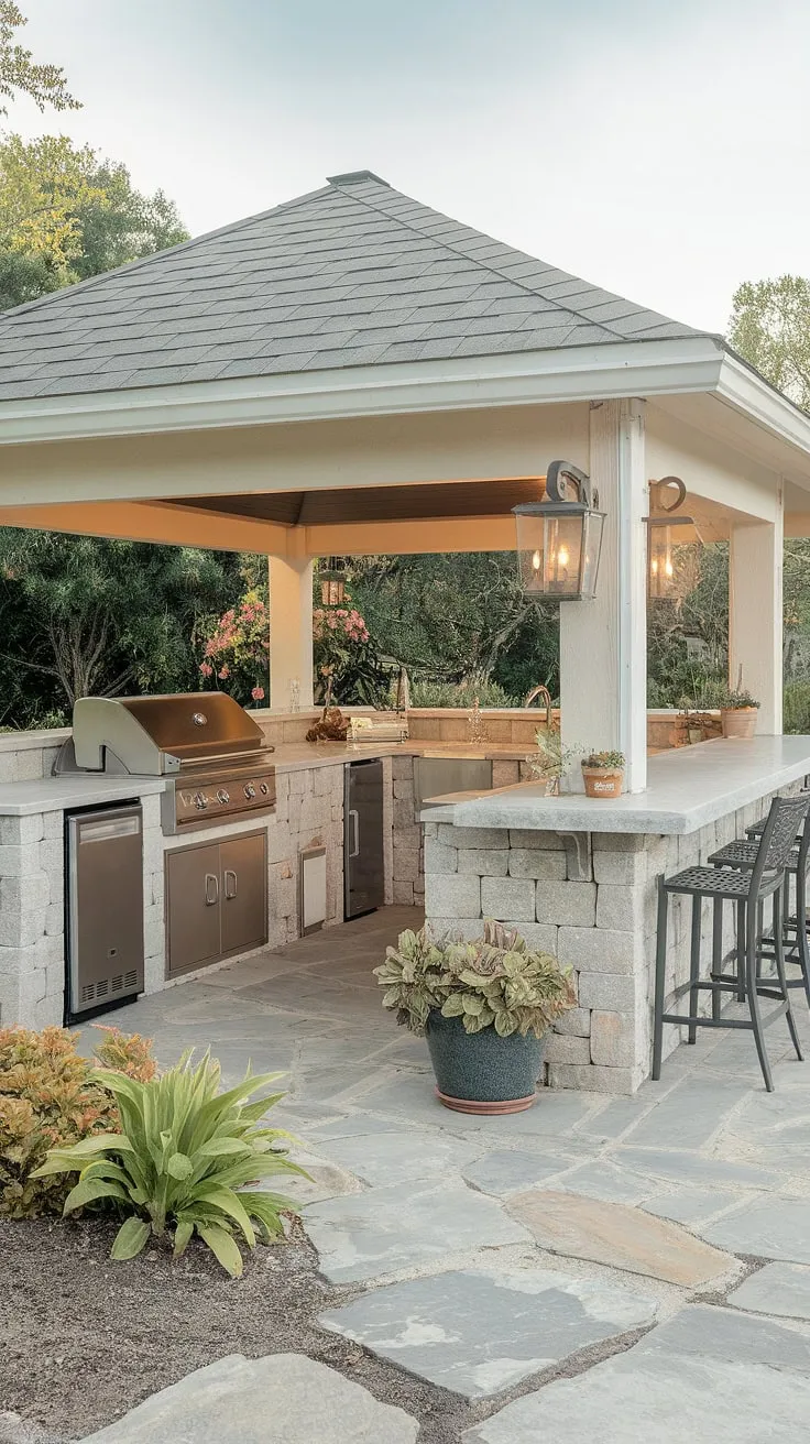 Escape to your own private oasis with this stunning covered terrace kitchen.  The outdoor kitchen with island, complete with an outdoor island bar, offers the perfect blend of style and functionality.  This outdoor island kitchen design boasts a built-in grill, refrigerator, and sink, making outdoor cooking and entertaining a breeze.  Consider this outdoor grill island or among your outdoor bbq island ideas for your next project.