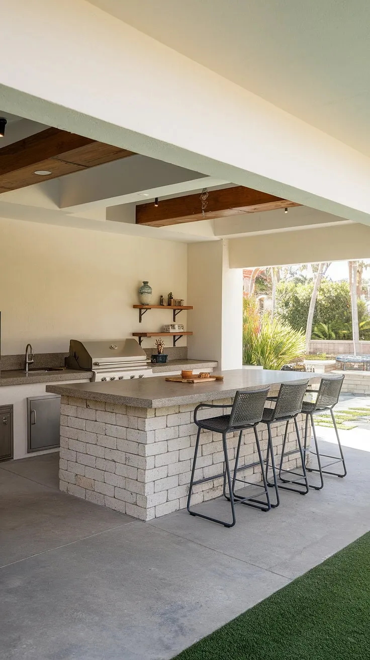 Step into culinary paradise with this stunning covered terrace kitchen.  The outdoor island bar, complete with a built-in grill, invites effortless entertaining. This outdoor kitchen with island boasts a sleek design and ample space, showcasing the best in outdoor grill island ideas and outdoor bbq island ideas.  The outdoor island kitchen is the perfect blend of functionality and style.