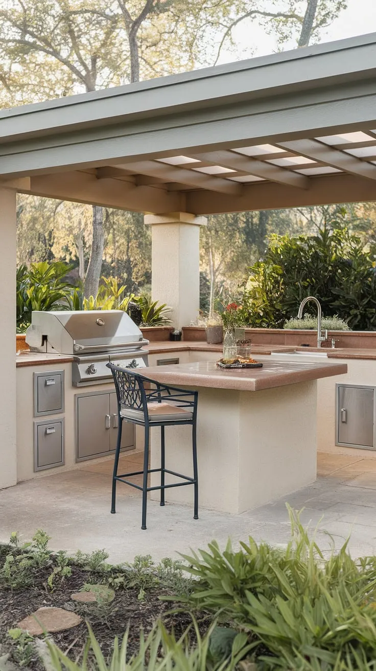 Escape to your own private paradise with this stunning covered terrace kitchen.  The outdoor kitchen with island, complete with a built-in grill and ample countertop space, is the perfect setting for al fresco dining and entertaining. This outdoor island bar offers a relaxed vibe, while the thoughtful covered outdoor kitchen design ensures comfort in any weather.  It's the ultimate outdoor grill island, showcasing the best in outdoor bbq island ideas.