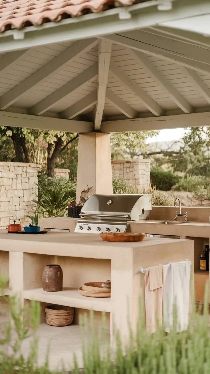 Escape to tranquility in this covered terrace kitchen, where rustic charm meets modern convenience.  The outdoor kitchen with island, complete with an outdoor grill island and ample prep space, is the perfect setting for al fresco dining. This outdoor island kitchen design offers the ultimate in outdoor bbq island ideas, creating an outdoor island bar that seamlessly blends with the serene landscape.