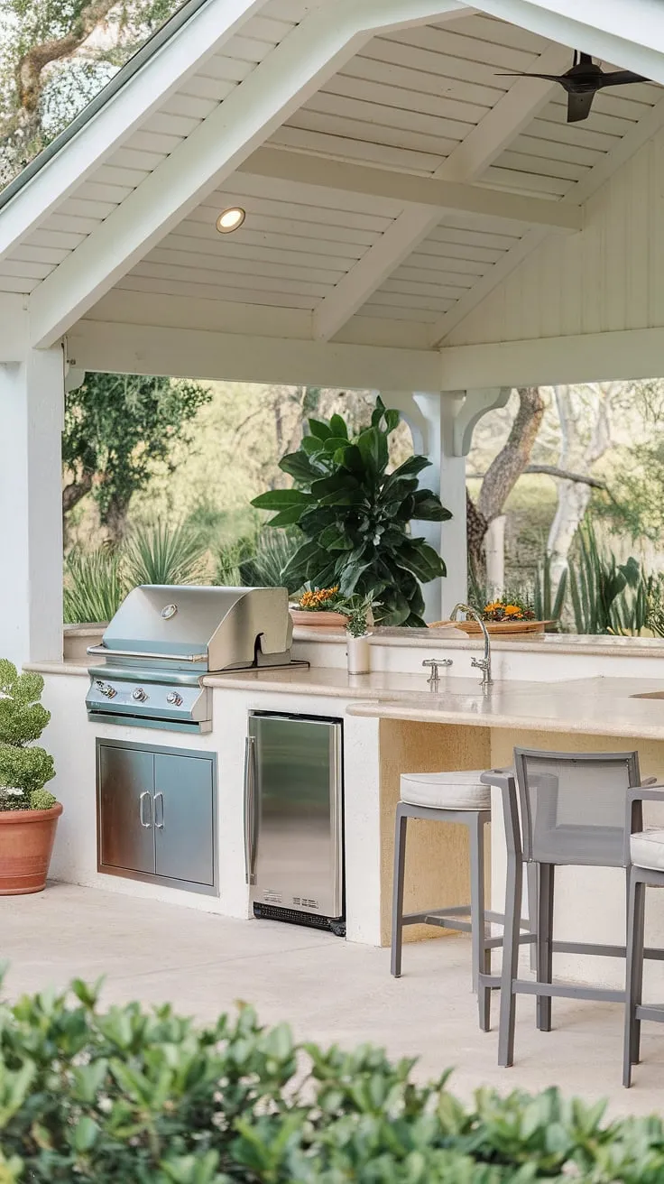Imagine warm evenings spent cooking and laughing around this outdoor kitchen with island.  The covered outdoor kitchen design provides both shade and style, while the outdoor island bar offers ample seating for guests.  This outdoor bbq island ideas masterpiece seamlessly blends indoor luxury with the beauty of the surrounding greenery, creating a truly unforgettable outdoor grill island.