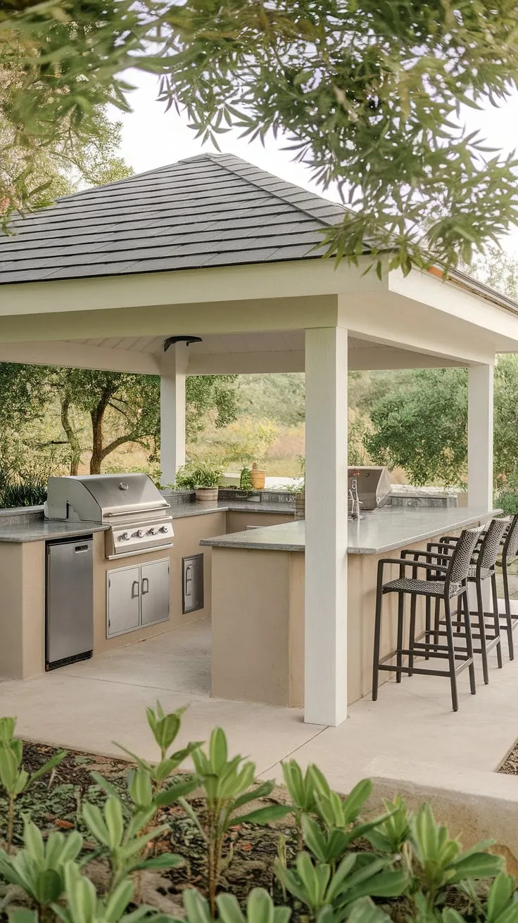 Escape to your own private oasis with this stunning covered terrace kitchen.  The outdoor kitchen with island, complete with a built-in grill, sink, and refrigerator, offers the perfect blend of functionality and style.  Enjoy al fresco dining at the outdoor island bar, a true centerpiece of this outdoor island kitchen design. This outdoor grill island is the ultimate outdoor bbq island ideas brought to life.
