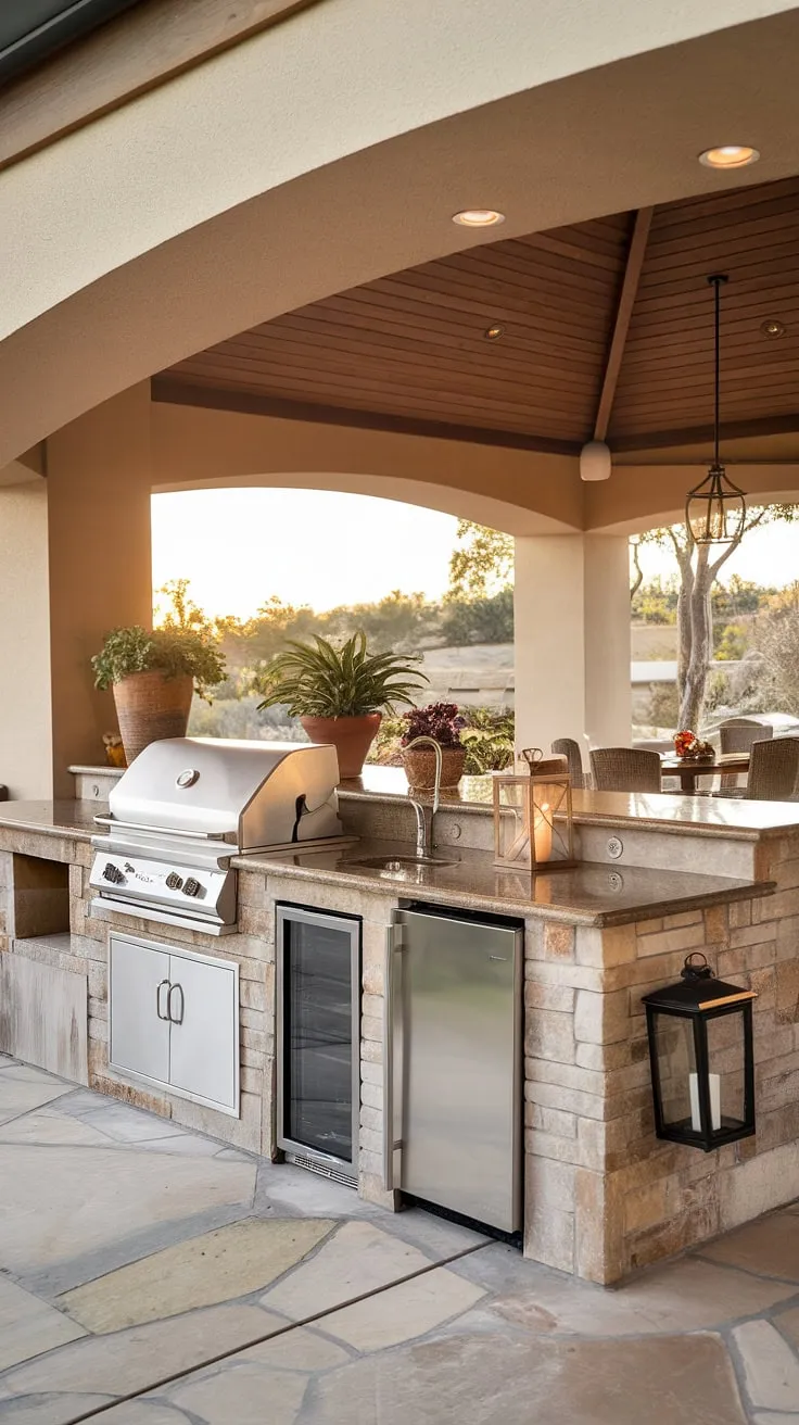 This outdoor kitchen with island is the epitome of sophisticated outdoor living. The covered outdoor kitchen design provides both style and functionality, featuring an outdoor island bar equipped with everything you need for effortless entertaining.  From the built-in grill to the convenient sink and refrigerator, this outdoor bbq island is a dream come true.  Picture yourself enjoying al fresco dining on the adjacent terrace after creating culinary masterpieces on your outdoor grill island.
