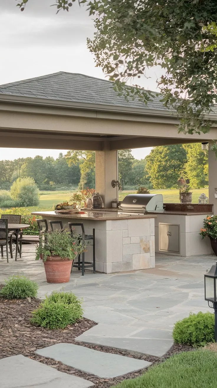 Imagine al fresco dining in this idyllic setting.  This outdoor kitchen with island boasts a sophisticated covered outdoor kitchen design, featuring an outdoor island bar ideal for casual gatherings. The outdoor grill island is the heart of this space, making it the perfect spot for creating delicious meals.  Explore endless outdoor bbq island ideas and transform your backyard into a culinary haven.