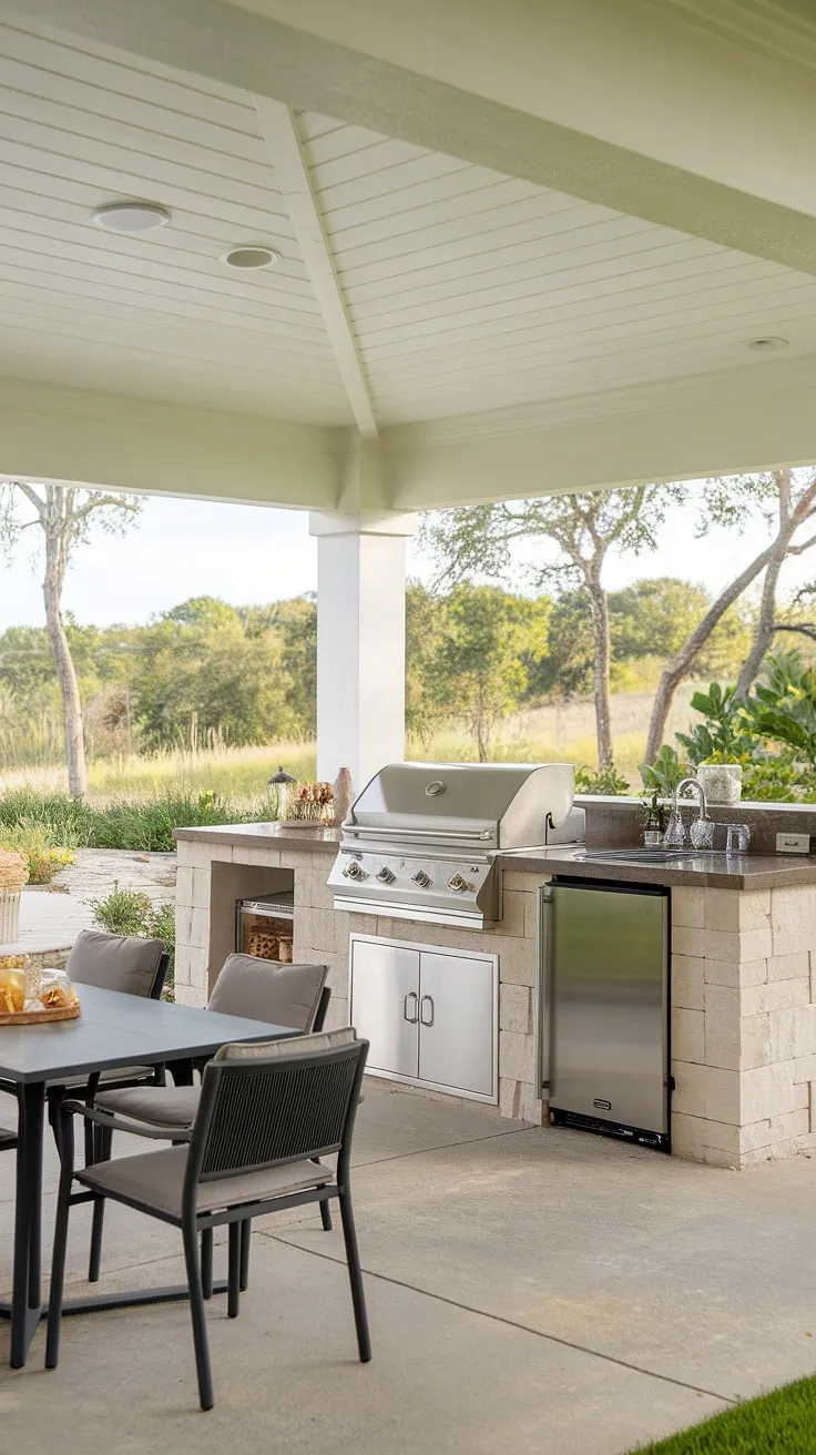 Escape to your own private paradise with this stunning covered terrace kitchen.  The outdoor island kitchen, complete with a built-in grill, sink, and refrigerator, is perfect for entertaining.  This outdoor grill island offers both functionality and style, while the outdoor island bar provides the ideal spot for casual dining amidst the lush landscape.  This outdoor bbq island ideas showcases the ultimate in covered outdoor kitchen design.