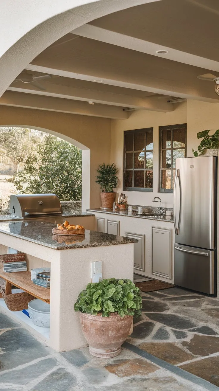 Imagine yourself hosting unforgettable gatherings in this inviting outdoor kitchen with island.  The outdoor island kitchen's covered design provides protection from the elements, while the granite countertops and beige cabinets create a sophisticated yet rustic ambiance. This outdoor grill island is a dream come true, perfect for showcasing your culinary skills.  Consider this your inspiration for outdoor bbq island ideas and covered outdoor kitchen design.