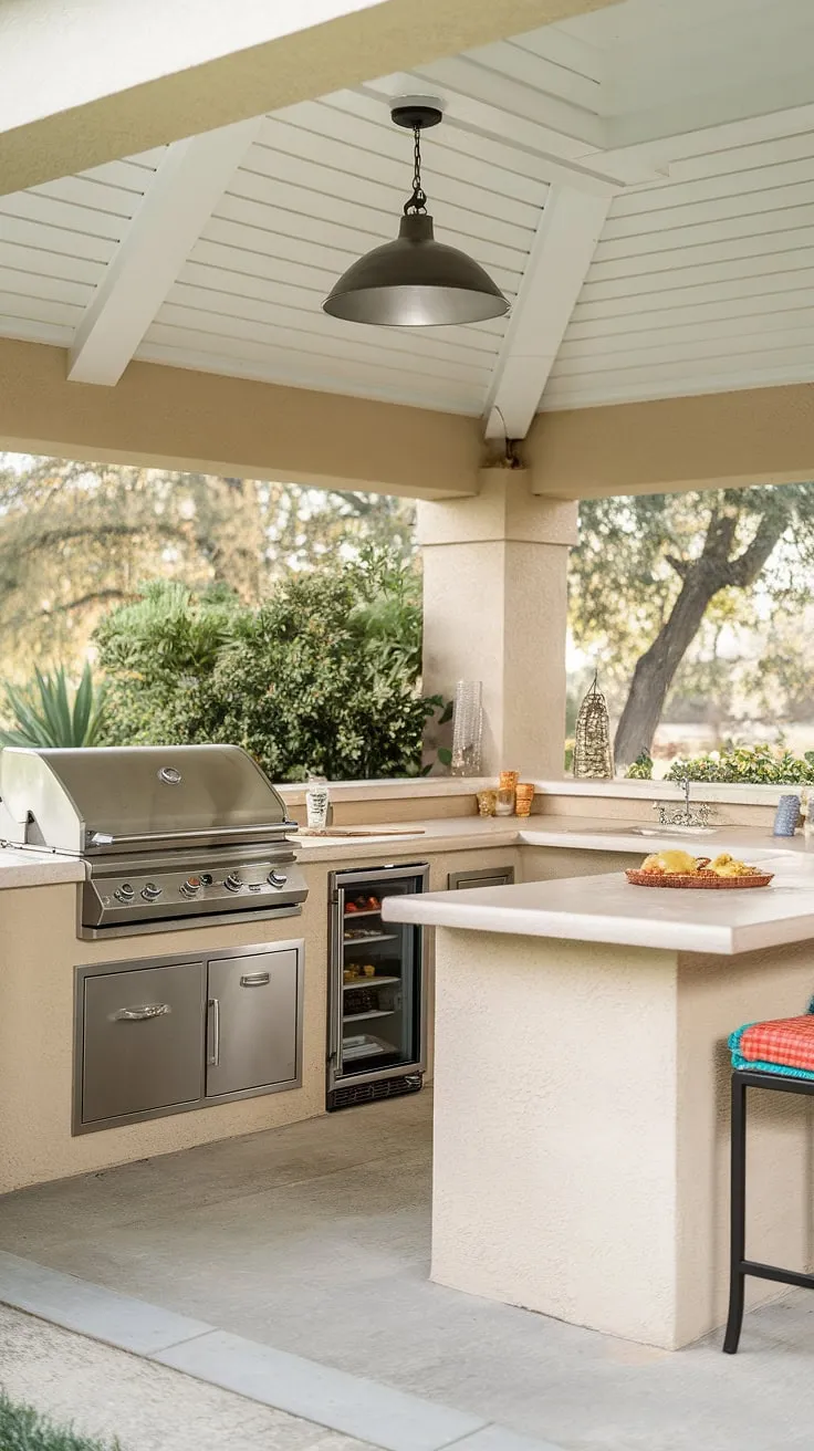Imagine warm evenings spent cooking and laughing with loved ones in this idyllic outdoor island kitchen.  This covered outdoor kitchen design features a spacious outdoor island bar, perfect for casual gatherings.  The outdoor grill island is equipped with everything you need, from a gas grill to a convenient sink and refrigerator.  Get inspired by these outdoor bbq island ideas and create your own outdoor oasis.