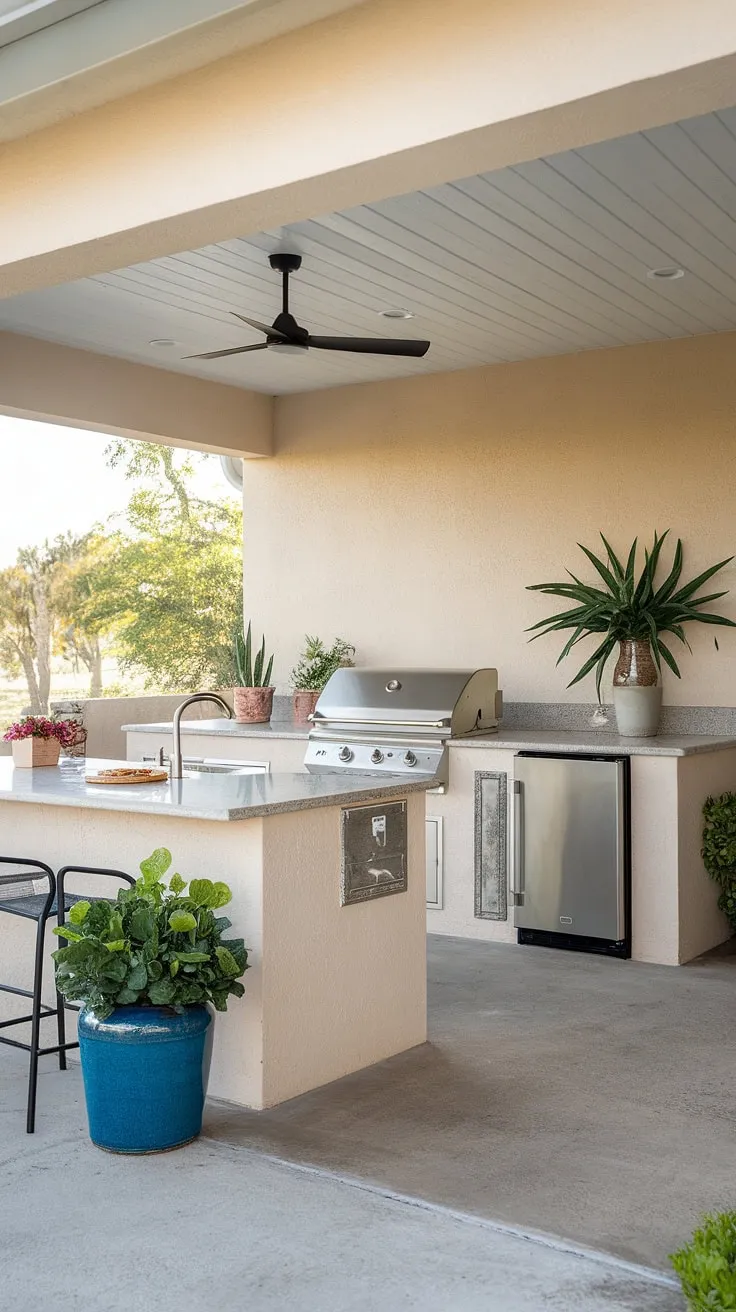 Escape to your own private culinary oasis with this stunning covered terrace kitchen.  The outdoor island bar, complete with grill, sink, and refrigerator, is the perfect centerpiece for unforgettable gatherings. This outdoor island kitchen design offers both style and functionality, showcasing the best in outdoor grill island ideas.