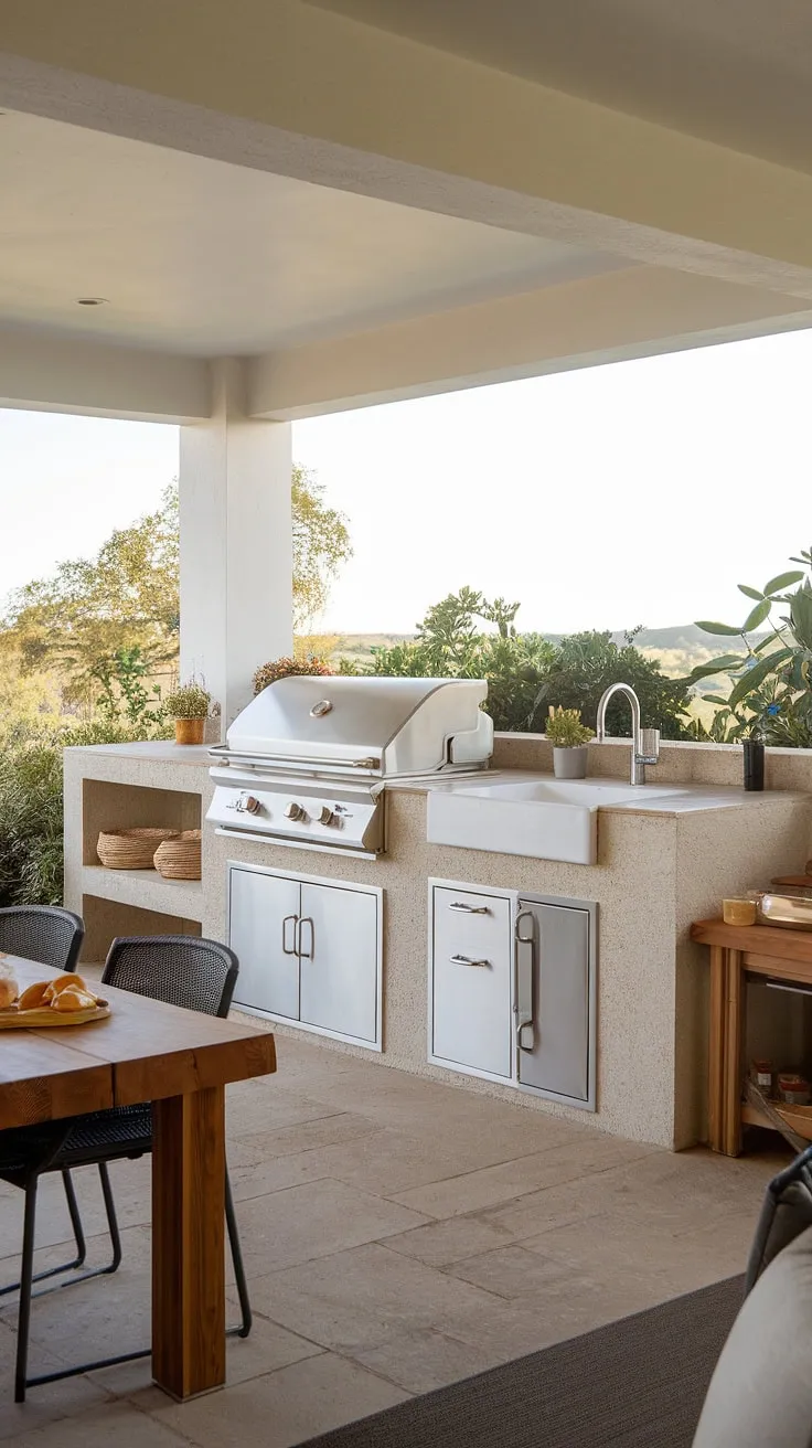 Imagine yourself hosting unforgettable gatherings in this stunning terrace kitchen. The outdoor island kitchen, featuring a spacious outdoor grill island and convenient sink, is the heart of this covered outdoor kitchen design.  This outdoor island bar is not just functional, but a stylish addition to any home, offering endless outdoor bbq island ideas for creating the perfect al fresco dining experience.