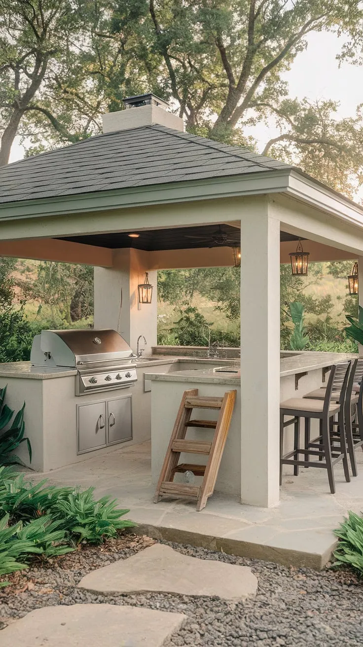 Escape to your own private paradise with this stunning covered terrace kitchen.  The outdoor kitchen with island, complete with an outdoor grill island and outdoor island bar, offers the perfect blend of style and functionality. This outdoor island kitchen design is the ultimate outdoor bbq island ideas brought to life.