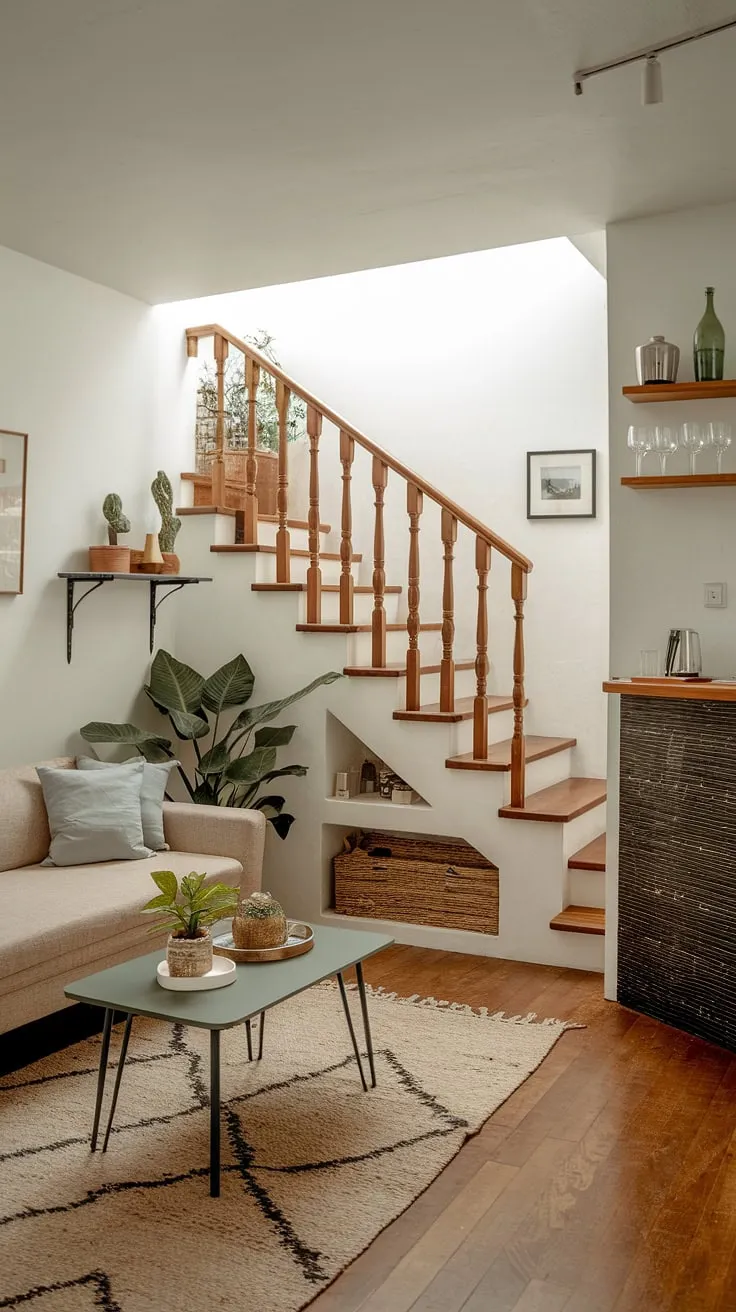 Cozy terrace living room maximizing space with clever downstairs design ideas.  Note the ingenious under house storage, stair shelf ideas, and even a staircase bar!  This small living room showcases brilliant home stairwell ideas and below stairs interior design.