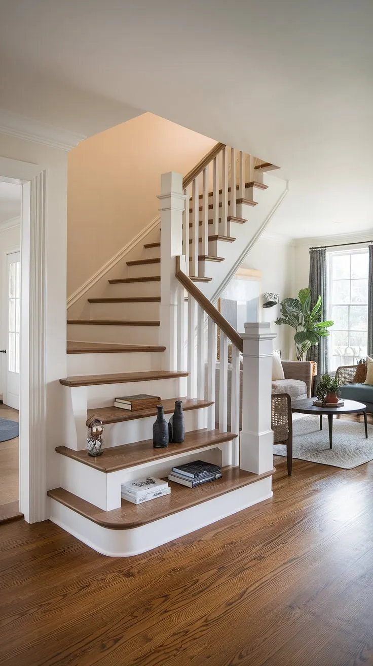 This stunning downstairs design features a captivating stairs design with integrated stair shelf ideas, providing ingenious downstairs storage ideas and under house storage.  The staircase bar adds a touch of elegance to this terrace living room, while the thoughtful home stairwell ideas maximize space without compromising style.  Small living room ideas create a cozy and functional atmosphere.