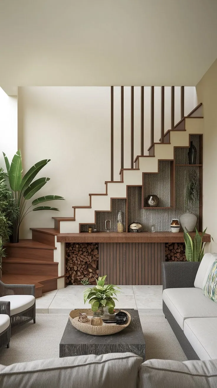 This terrace living room maximizes space with a clever stairs design, showcasing ingenious home stairwell ideas and downstairs design ideas.  The under house storage cleverly incorporates a staircase bar, offering both stylish downstairs storage ideas and a unique focal point.  Small living room ideas are brilliantly executed, proving that even compact spaces can be both functional and aesthetically pleasing, thanks to smart stair shelf ideas and below stairs interior design.