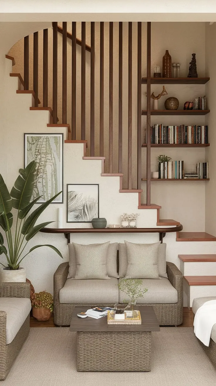 This stunning below stairs interior design transforms a small space into a functional and stylish terrace living room.  The innovative stairs design, complete with a built-in staircase bar and integrated stair shelf, provides ample downstairs storage ideas and under house storage.  Explore these home stairwell ideas and downstairs design ideas for your own space, showcasing clever small living room ideas and maximizing every inch.