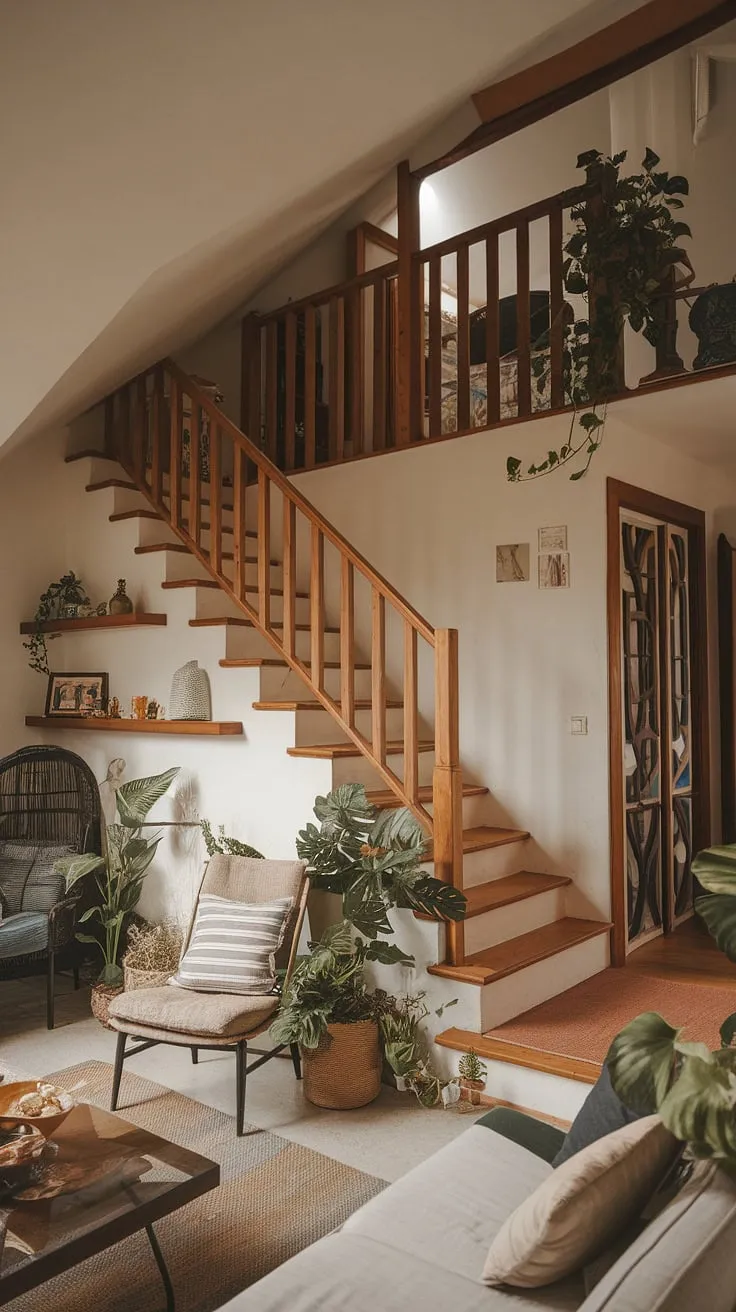 This sloped-ceiling haven seamlessly blends terrace living room comfort with ingenious design.  Note the built-in stair shelf ideas, a perfect example of below stairs interior design maximizing space.  The stairs design itself is a work of art, offering inspiration for home stairwell ideas and downstairs storage ideas.  Clever use of under house storage and small living room ideas creates a cozy and functional space, hinting at the possibility of a unique staircase bar.