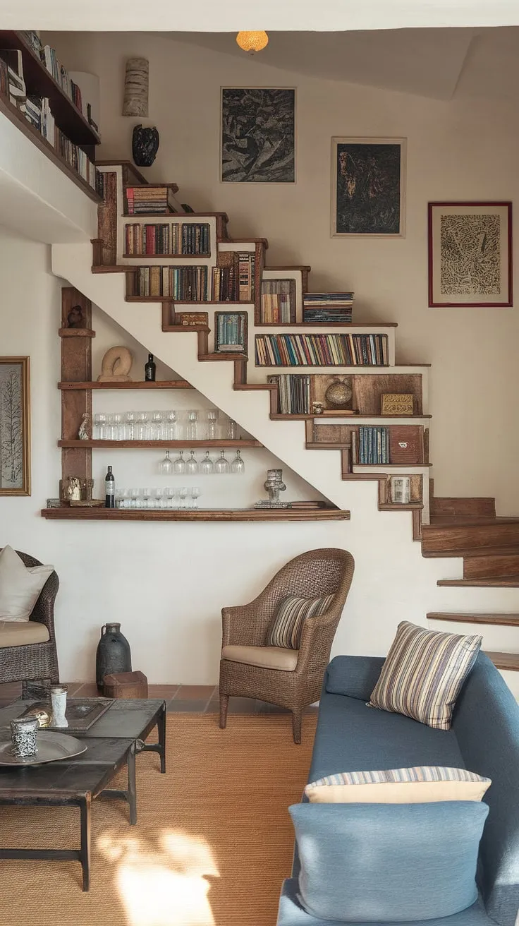 This stunning terrace living room showcases ingenious downstairs design ideas, maximizing space with a bespoke stairs design that incorporates built-in shelves brimming with books and decorative items.  The integrated staircase bar adds a touch of sophisticated convenience, while the clever stair shelf ideas provide ample under house storage.  Small living room ideas are brilliantly executed here, proving that even compact spaces can be both stylish and functional.