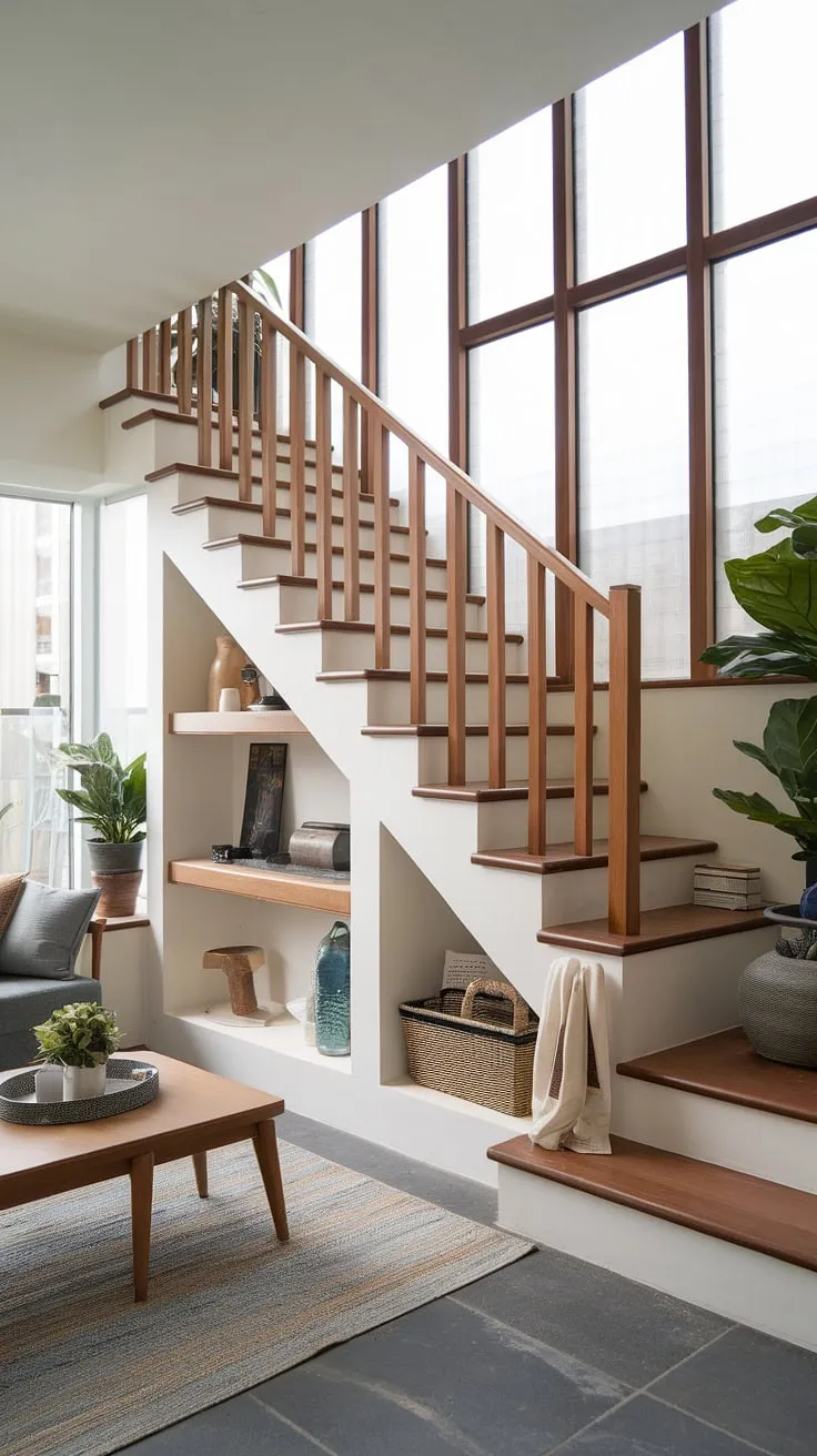 This terrace living room's unique stairs design, complete with a built-in shelf and wooden railing, seamlessly connects the main space to a cleverly designed downstairs area.  The home stairwell ideas showcased here, including the downstairs design ideas and downstairs storage ideas, maximize space and style.  Under house storage is cleverly incorporated, offering practical below stairs interior design solutions.  Notice the small living room ideas implemented downstairs, and the thoughtful stair shelf ideas that add both function and visual appeal.  A staircase bar could even be incorporated into this design!