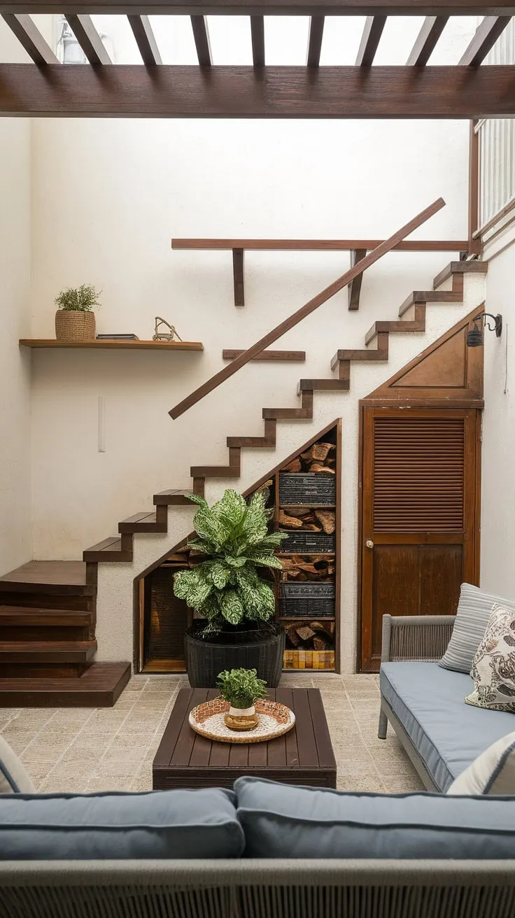 This terrace living room maximizes space with a unique stairs design, showcasing clever home stairwell ideas and downstairs design ideas.  The built-in storage below the stairs provides ample under house storage, a perfect example of downstairs storage ideas and below stairs interior design.  A stylish stair shelf adds functionality, while the integrated staircase bar completes this innovative small living room ideas space.