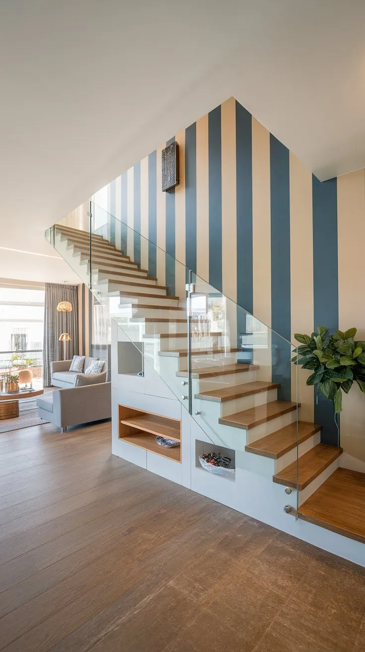 Sophisticated and functional, this terrace living room seamlessly integrates a unique stairs design.  Note the clever use of space with the built-in storage and staircase bar – perfect examples of downstairs storage ideas and below stairs interior design.  This home showcases inspiring home stairwell ideas and small living room ideas, proving that even limited square footage can be maximized with creative stair shelf ideas.