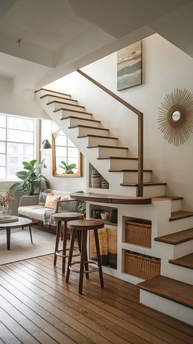 Maximize space and style with this clever terrace living room design.  The unique stairs design, incorporating a built-in storage shelf and a mini staircase bar, offers brilliant downstairs storage ideas and home stairwell ideas, all while showcasing ingenious below stairs interior design.  Small living room ideas are effortlessly achieved, proving that even compact spaces can be both functional and chic.