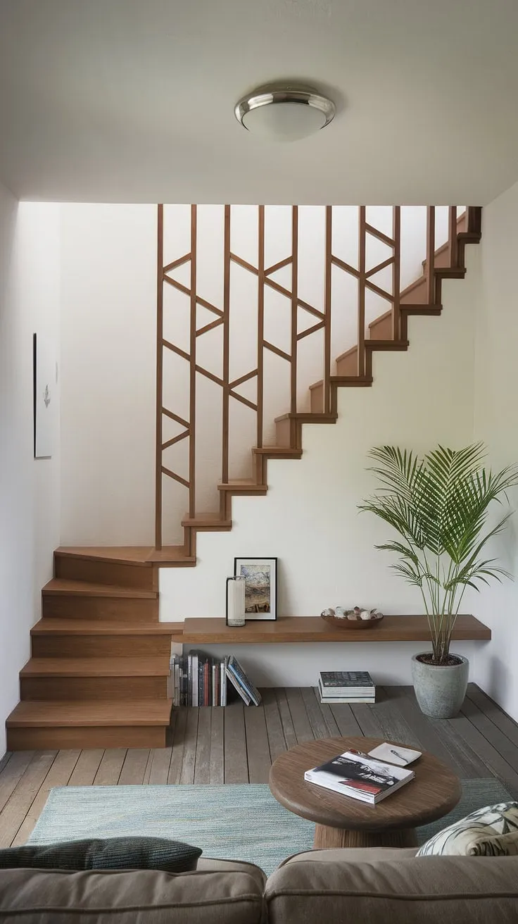 Stunning home stairwell ideas transform this terrace living room. The stairs design cleverly incorporates downstairs storage ideas and under house storage, showcasing ingenious stair shelf ideas.  The resulting below stairs interior design is a delightful small living room, proving that even limited space can be maximized with creative downstairs design ideas.  The overall effect is both functional and aesthetically pleasing.