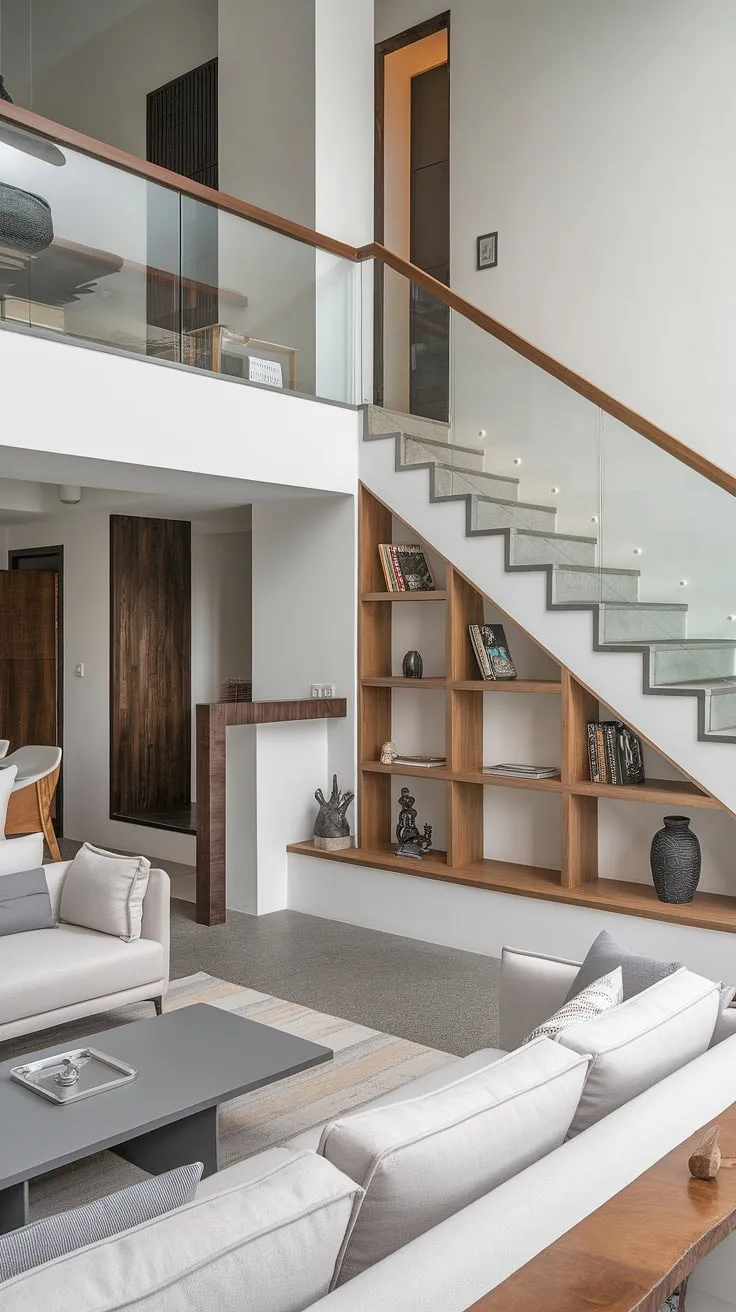 This home stairwell ideas masterpiece transforms a simple staircase into a design statement.  Note the clever below stairs interior design, providing ample downstairs storage ideas and under house storage. The integrated staircase bar and thoughtfully planned stair shelf ideas complement the small living room ideas and the stunning terrace living room view.