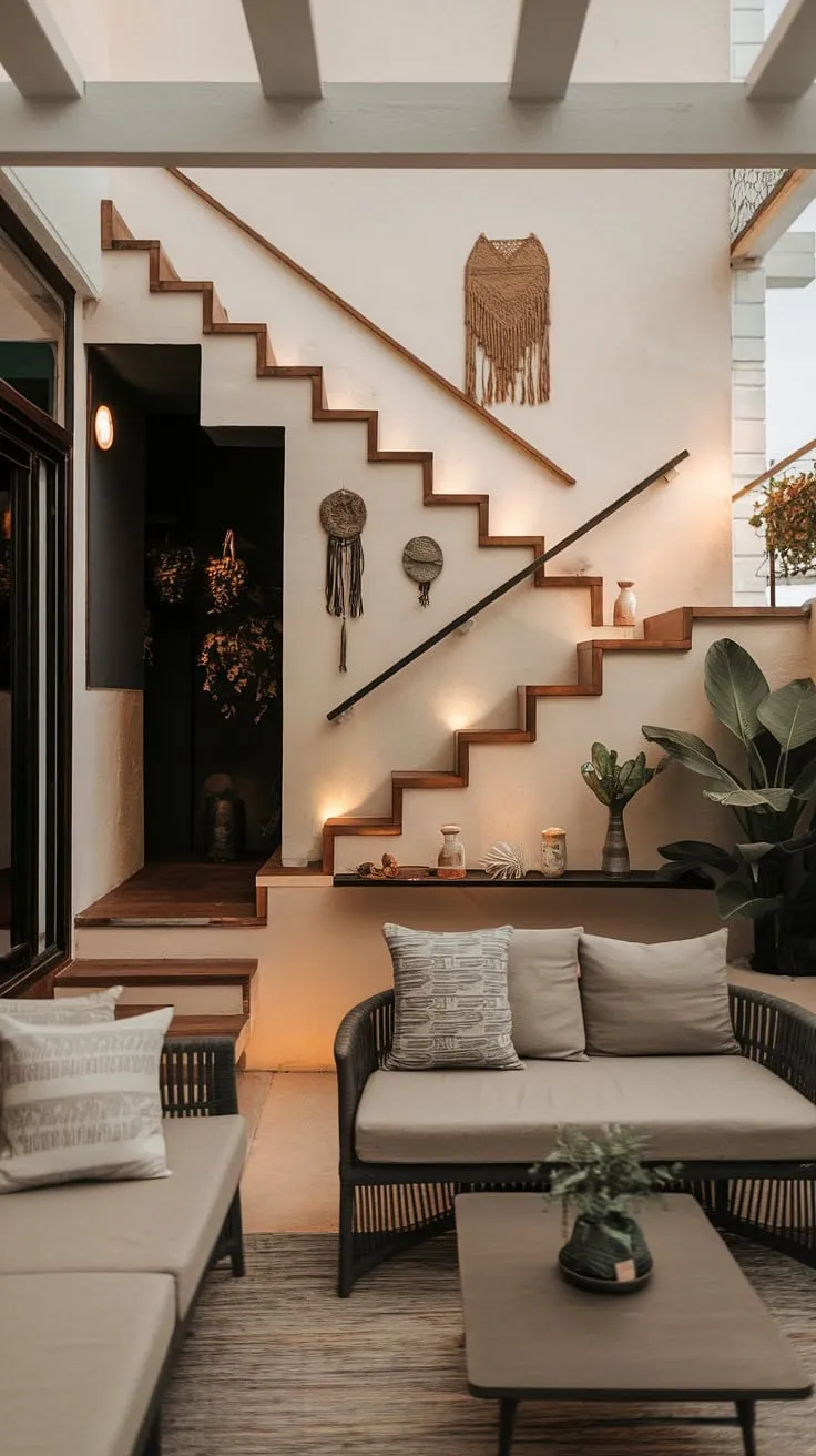 Unveiling the ultimate in small living room ideas: a stunning terrace living room featuring a multi-functional staircase.  This unique stairs design doubles as a stylish bar and practical shelving, offering clever below stairs interior design and maximizing downstairs storage ideas.  Explore innovative home stairwell ideas and under house storage solutions with this inspiring stair shelf design.