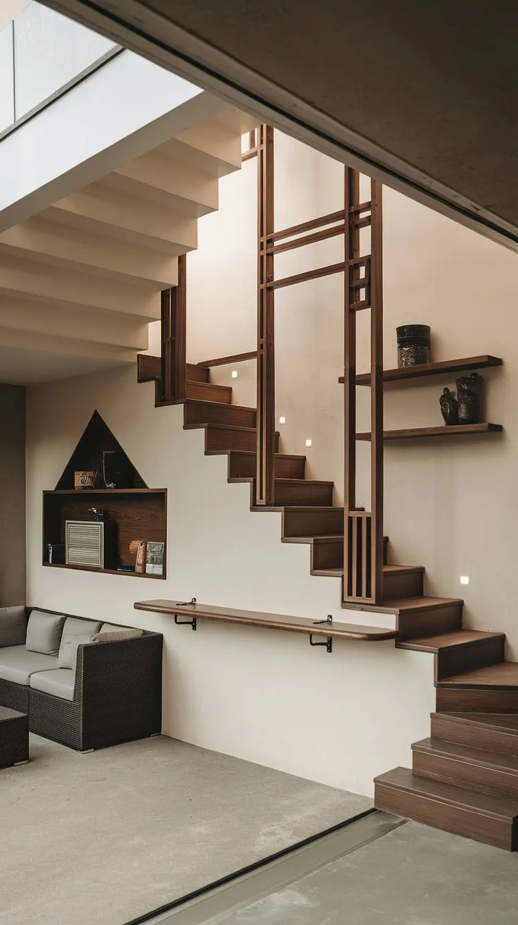 Modern minimalist living, maximized.  This terrace living room seamlessly integrates clever stairs design, showcasing innovative home stairwell ideas and downstairs design ideas.  The built-in storage unit and downstairs storage ideas, including under house storage cleverly utilized below the stairs, are complemented by a unique staircase bar and stair shelf ideas.  Even a small living room feels spacious with thoughtful design.