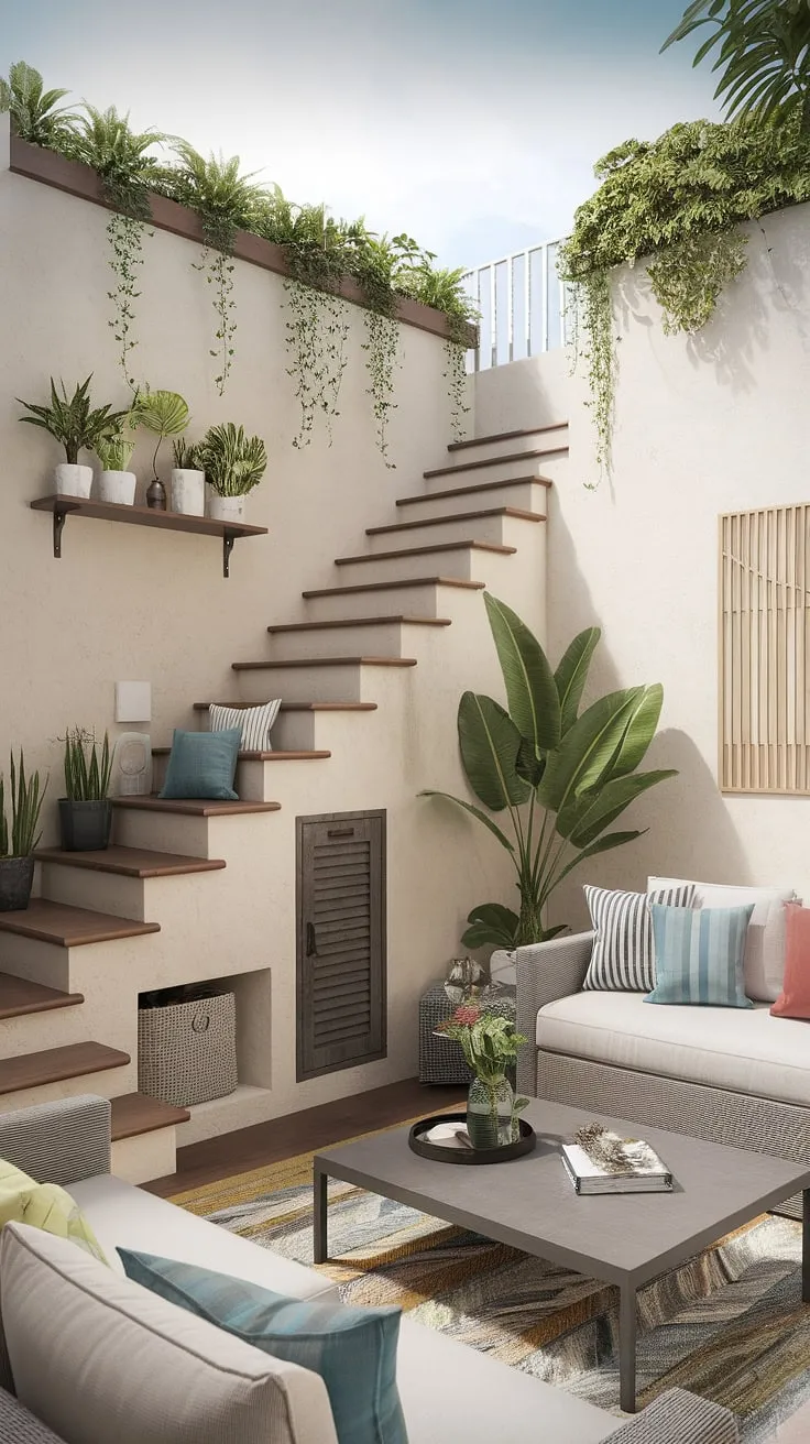 This terrace living room's unique L-shaped stairs design isn't just a functional home stairwell idea; it cleverly creates a built-in seating area, showcasing ingenious downstairs design ideas.  The under house storage below adds practicality, while the stair shelf ideas with plants and the overall small living room ideas demonstrate how to maximize space and style.  A true masterpiece of below stairs interior design.