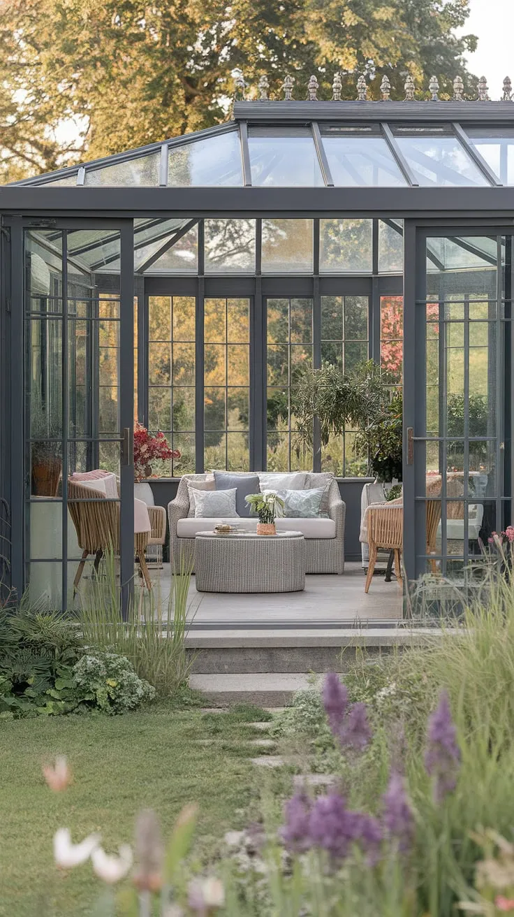 Escape to your own private paradise with this stunning modern conservatory.  The glass roof floods the terrace lounge with natural light, creating the perfect sunroom for relaxation.  These sunrooms and backyard patio designs are the epitome of dream home ideas.