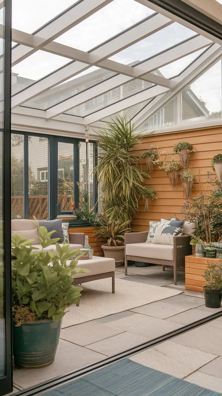 Imagine unwinding in this tranquil terrace lounge, nestled within a stunning modern conservatory.  The glass roof and surrounding sunrooms bathe the space in sunlight, while the wooden accents and potted plants add warmth and character.  This is more than just a sunroom; it's a breathtaking addition to any backyard patio designs, bringing your dream home ideas to life.