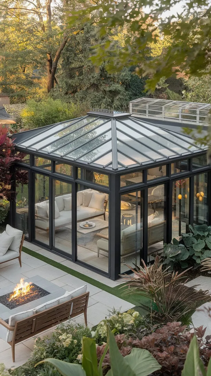Imagine waking up to sunlight streaming through the glass roof of your dream home. This modern conservatory, complete with a terrace lounge and inviting backyard patio designs, offers the ultimate in sunroom designs.  The perfect blend of indoor and outdoor living, it's a breathtaking example of dream home ideas.