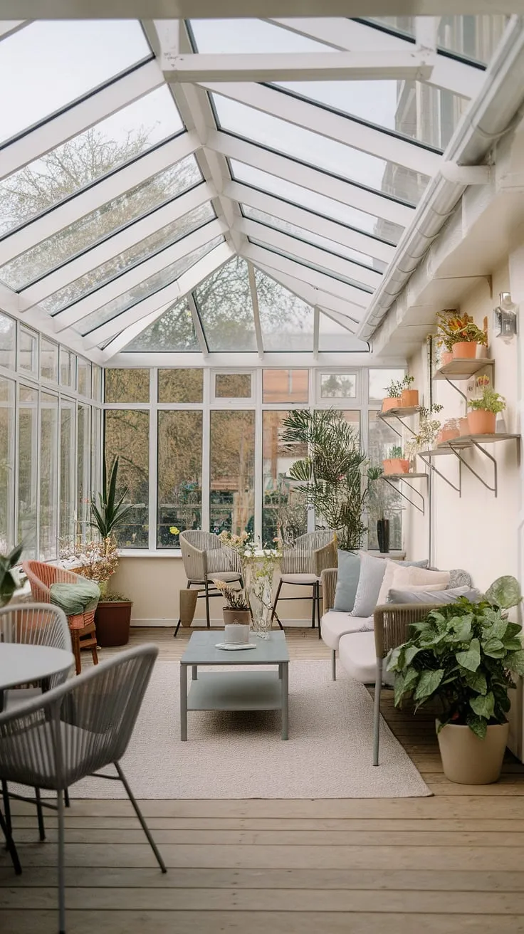 Sunlight dances across the wooden floors of this stunning modern conservatory.  The glass roof and expansive windows transform this sunroom into a bright and airy terrace lounge, perfect for unwinding.  Explore the endless possibilities of sunrooms and backyard patio designs with these inspiring dream home ideas.  This is more than just a room; it's a sanctuary.