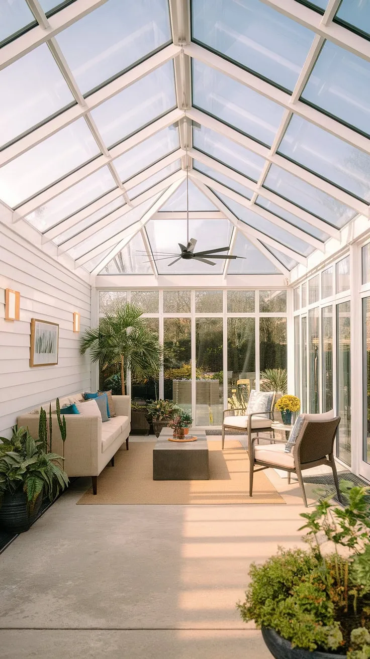 Sunlight streams through the glass roof of this modern conservatory, transforming it into a tranquil terrace lounge.  The seamless transition between sunroom designs and backyard patio designs creates the ultimate outdoor living space, perfect for those dream home ideas.