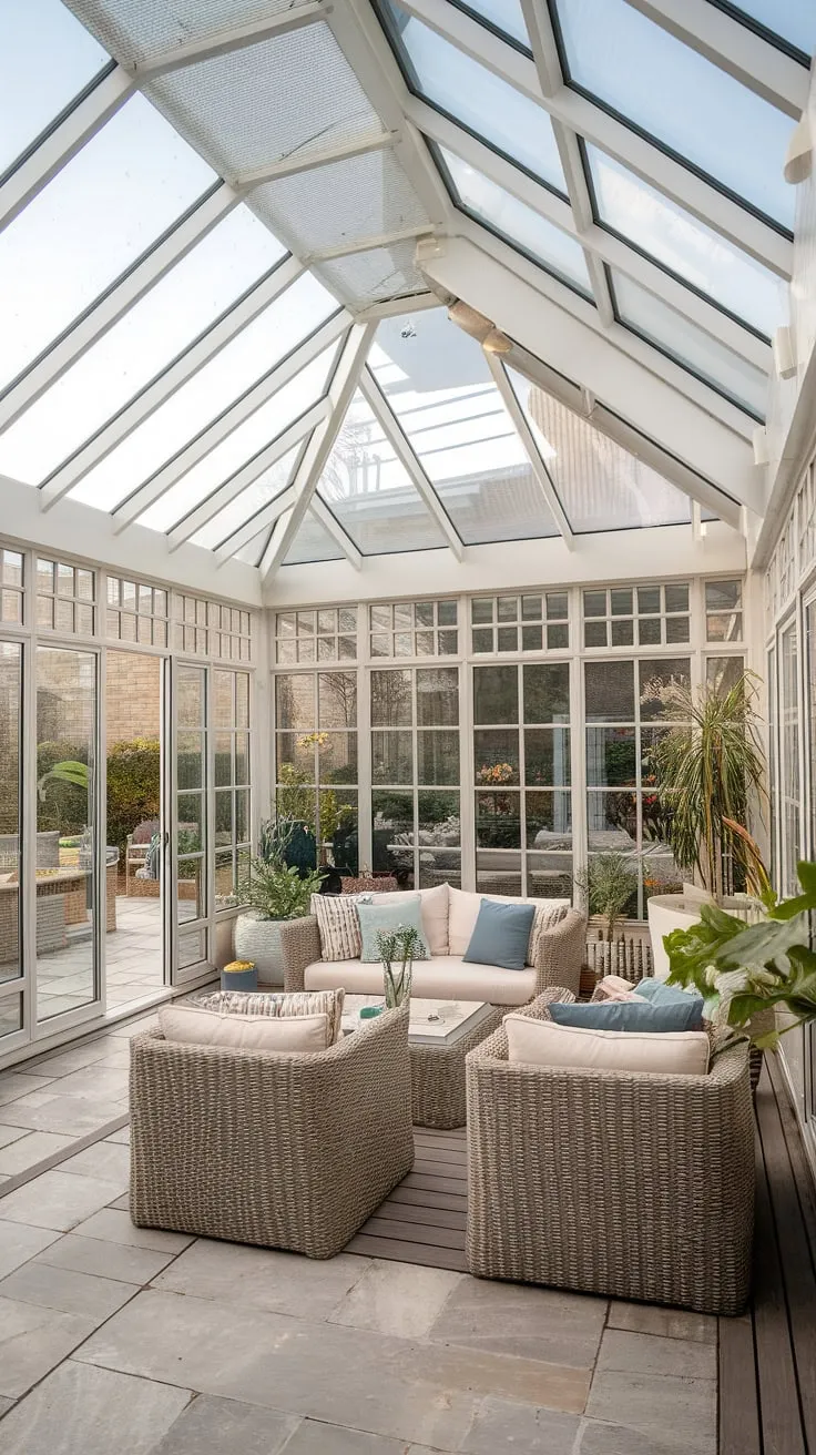 Escape to your own private paradise with this stunning modern conservatory.  The glass roof floods the terrace lounge with natural light, showcasing the lush greenery and seamlessly connecting the sunroom designs to the inviting backyard patio designs.  A dream home idea brought to life.