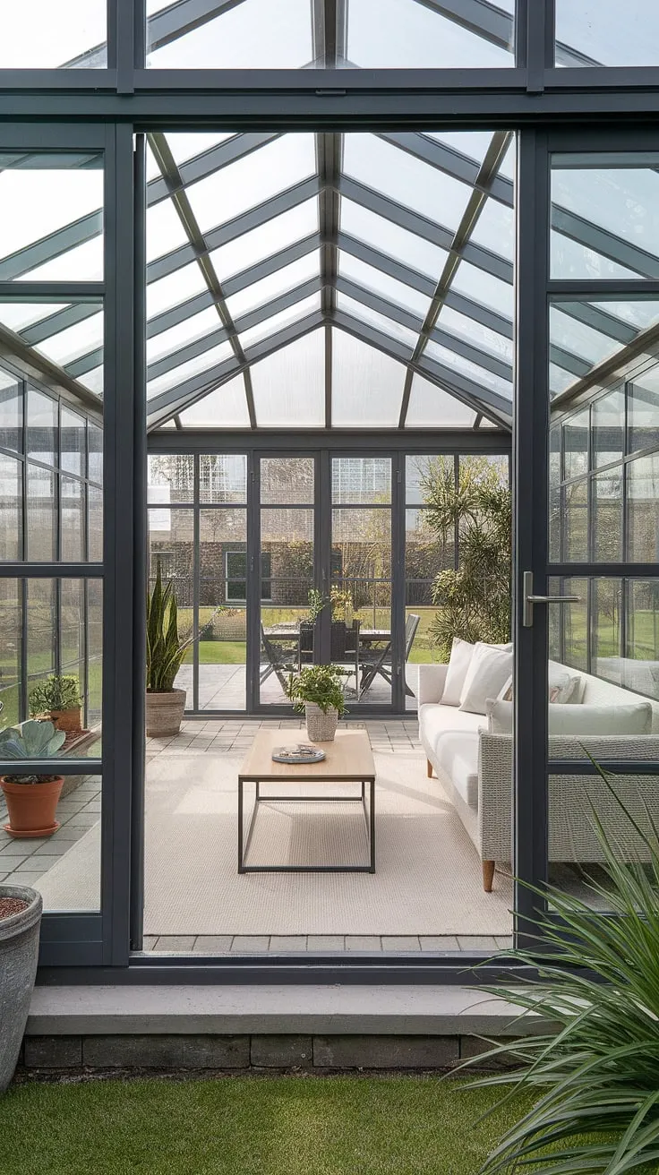 Escape to your own private paradise in this stunning modern conservatory.  The glass roof floods the terrace lounge with natural light, creating the perfect blend of indoor and outdoor living, seamlessly connecting to the inviting backyard patio designs.  This sunroom, a testament to exquisite sunroom designs, is the epitome of dream home ideas.