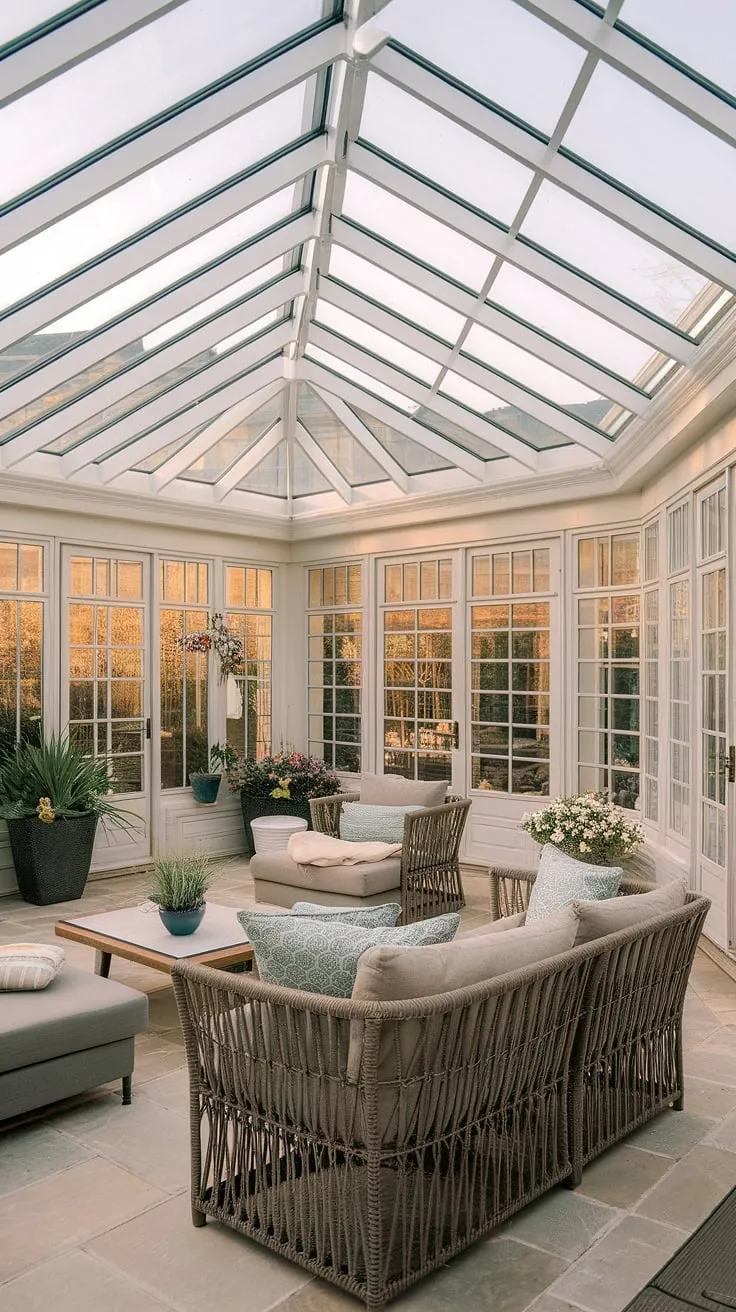 Imagine relaxing evenings in this sunroom, a stunning modern conservatory with a glass roof illuminating a comfortable terrace lounge.  Explore the possibilities of sunrooms and backyard patio designs for your dream home ideas, inspired by this serene and inviting space.