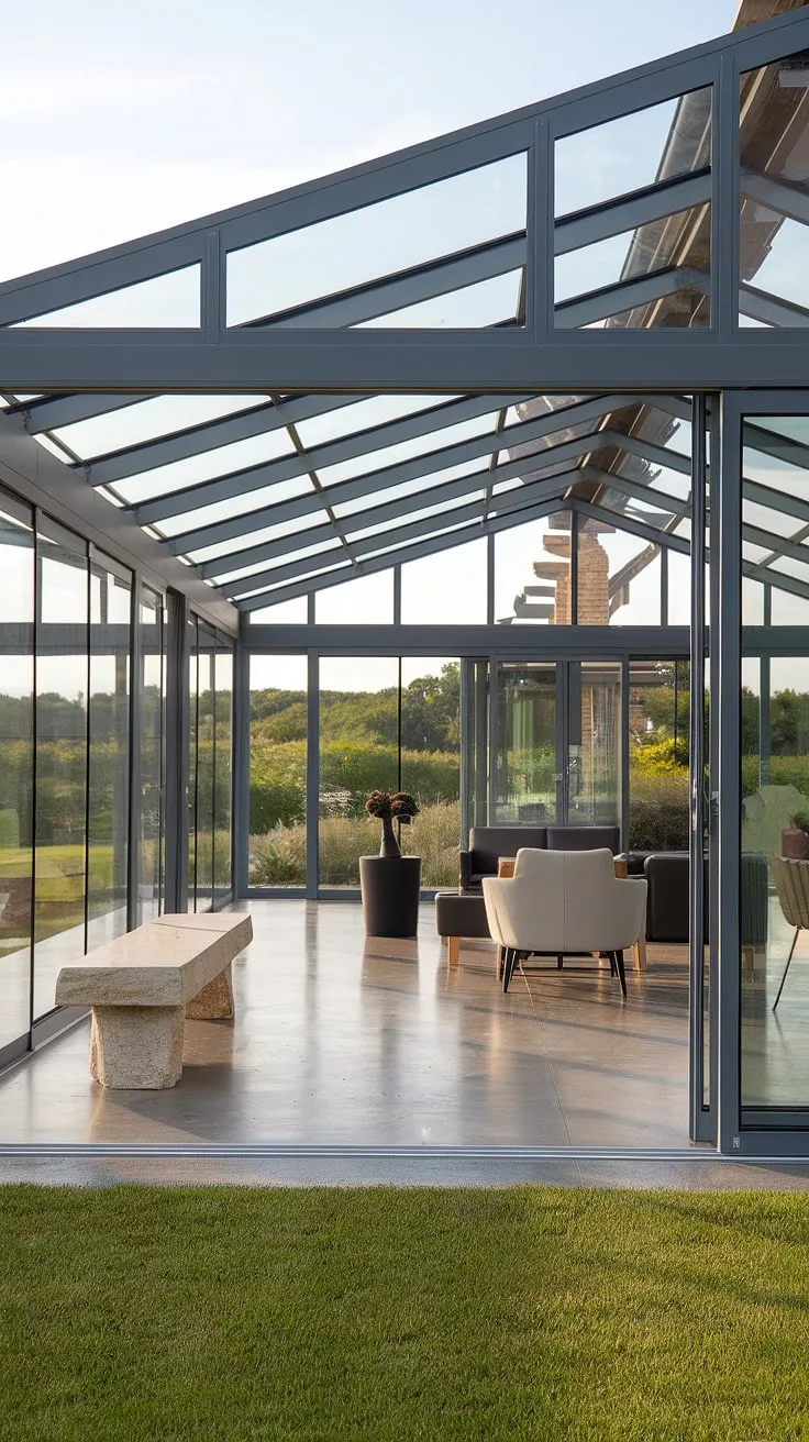 Escape to tranquility in this modern conservatory, a seamless blend of indoor and outdoor living.  The glass roof floods the terrace lounge with natural light, showcasing stunning sunroom designs and inspiring backyard patio designs for your dream home ideas.