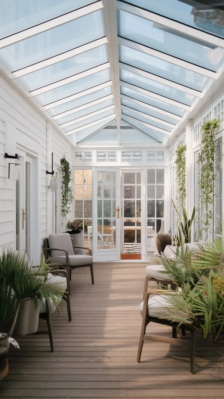 Bathed in sunlight streaming through the glass roof, this modern conservatory offers the perfect blend of indoor and outdoor living.  Its minimalist design, seamlessly connecting to the backyard patio designs, makes it the ultimate terrace lounge, showcasing the best in sunroom designs for dream home ideas.