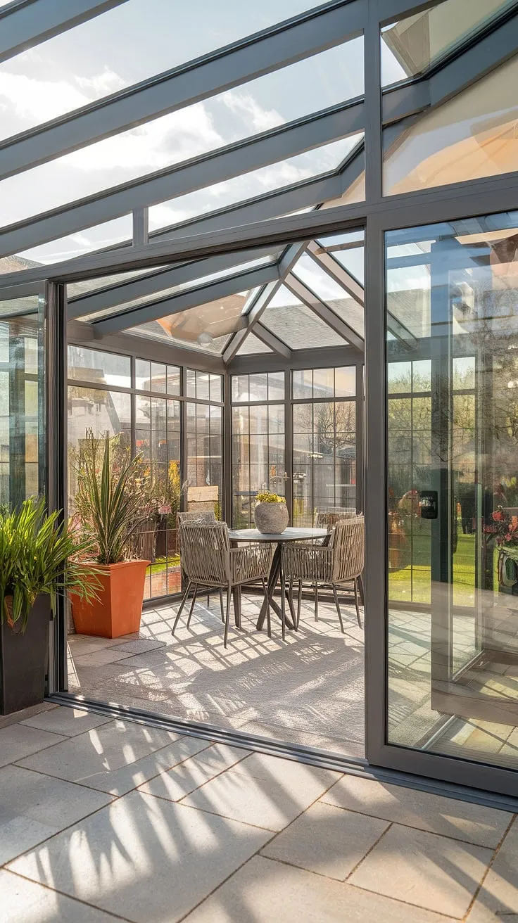 Step into tranquility: This modern conservatory, a seamless extension of the backyard patio, offers the perfect blend of indoor and outdoor living.  Sunroom designs don't get much better than this glass roof haven, brimming with natural light and ideal for relaxing afternoons.  A true dream home idea, showcasing stunning terrace lounge potential.