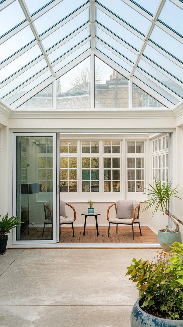 Imagine waking up to the sun gently warming this modern conservatory.  These sunrooms, with their glass roof and minimalist aesthetic, are the epitome of sunroom designs. The terrace lounge offers a peaceful retreat, while the seamless transition to the backyard patio, complete with thoughtful backyard patio designs, completes the picture of perfect dream home ideas.