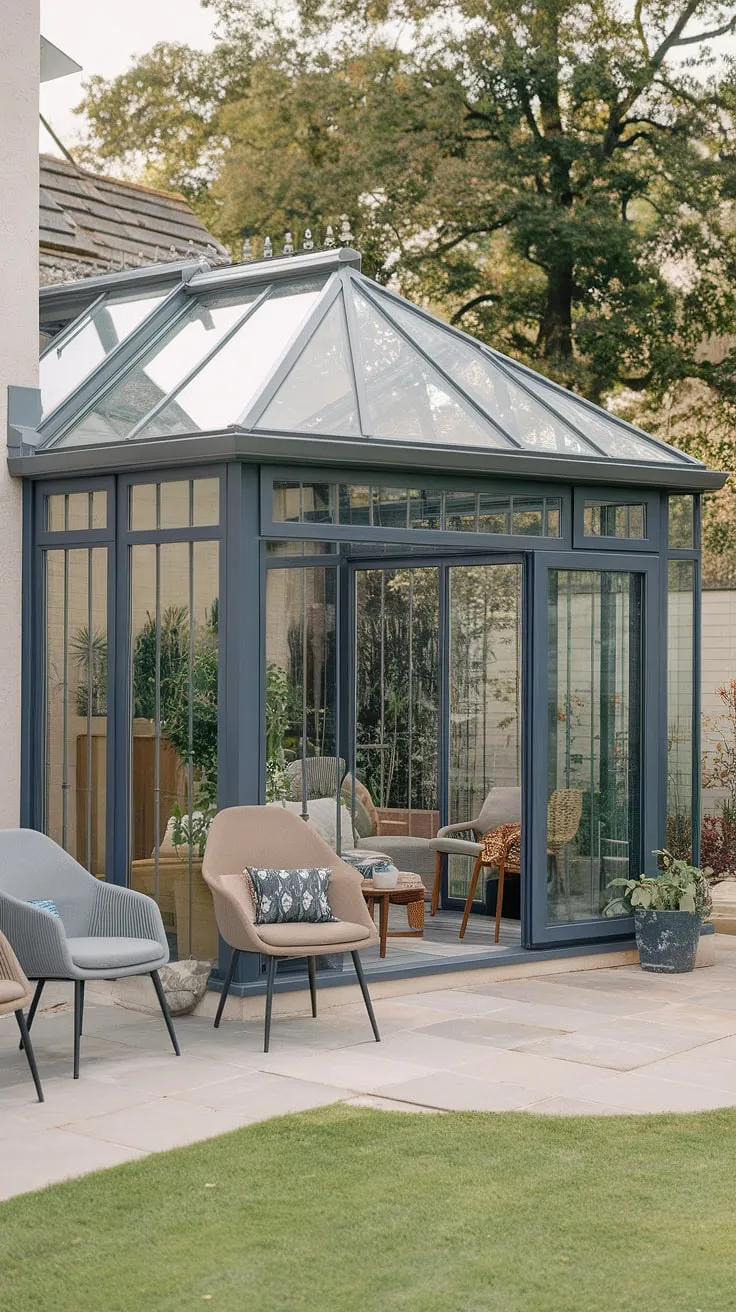 Escape to your own private oasis. This modern conservatory, a stunning blend of sunroom designs and backyard patio designs, offers the perfect terrace lounge for relaxation.  The glass roof bathes the space in natural light, creating a serene atmosphere that embodies dream home ideas.